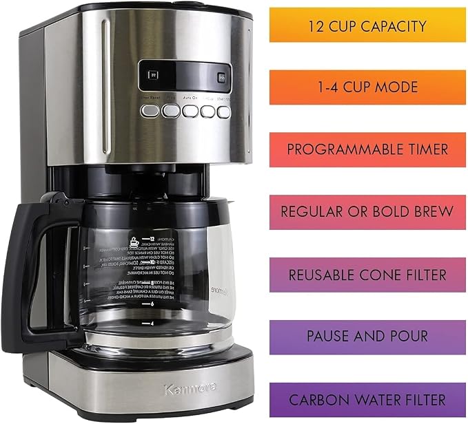 Kenmore Coffee Maker 12 cup Drip Coffee Machine Reusable Filter Programmable Timer Digital Display Aroma Control Glass Carafe Charcoal Water Filter Regular Bold Stainless Steel and Black