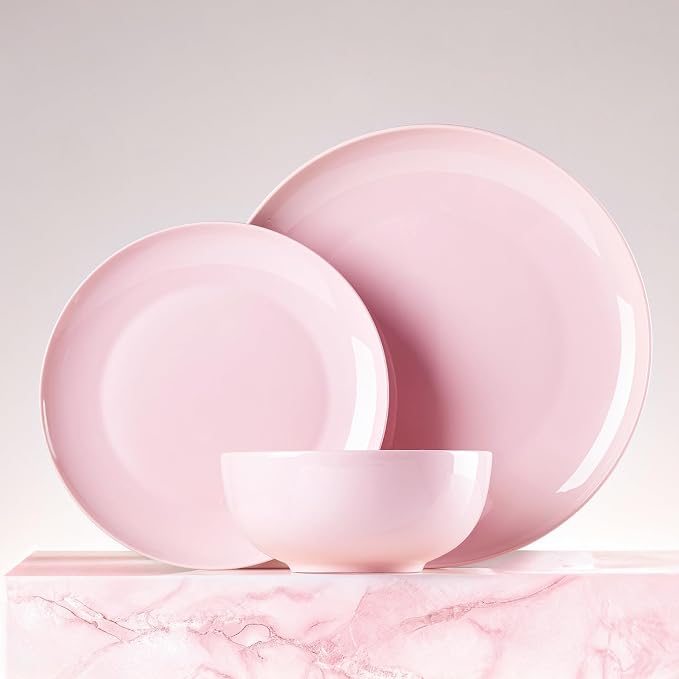 KINGSTONE 18-Piece Bone China Dinnerware Set for 6, Lightweight Porcelain Round Plates and Bowls Set, Durable Scratch Resistant Ceramic Dinner Set, Microwave & Dishwasher Safe, Sakura Pink