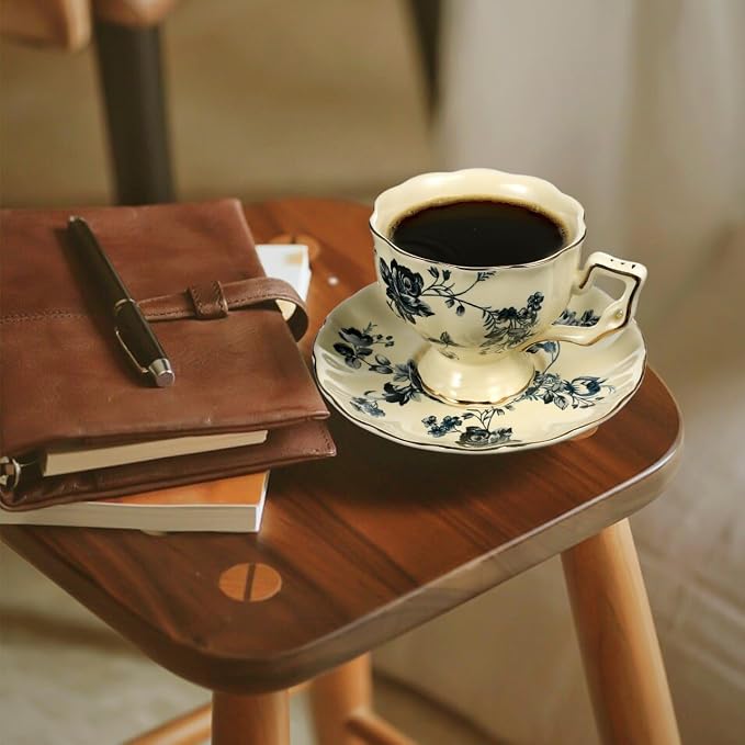 CALLARON Ceramic Cup and Saucer Set 8Oz European Style Milk Drinking Mug with Delicate Porcelain Design for Home Restaurant Tea and Juice