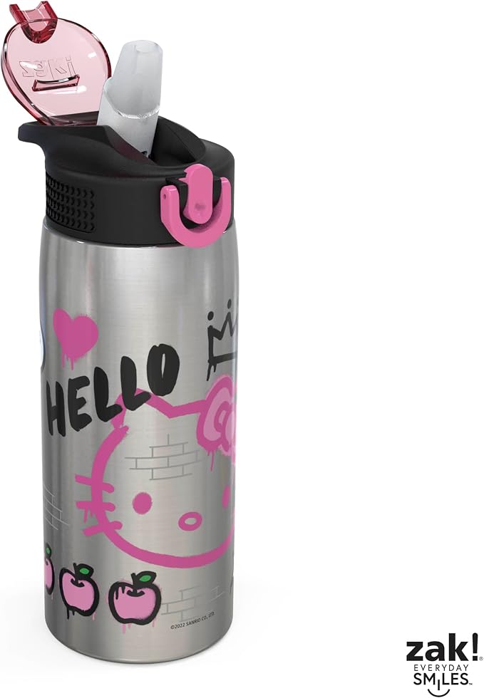 Zak Designs Sanrio Water Bottle for Travel and At Home, 19 oz Vacuum Insulated Stainless Steel with Locking Spout Cover, Built-In Carrying Loop, Leak-Proof Design (Hello Kitty)