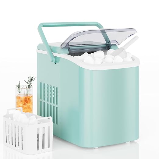 DUMOS Countertop Ice Maker with Handle, 26lbs/24H, Makes 9 Bullet Cubes in 6 Mins, Auto-Cleaning, Portable Ice Machine for Home Kitchen RV Camping, Green