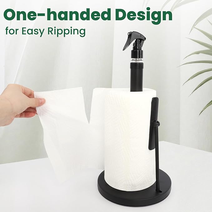 Paper Towel Holder with Spray Bottle,Heavy-Duty Countertop Kitchen Paper Towel Holder,Stainless Steel One-Handed Tear Kitchen Towel Dispenser for Countertop,Black