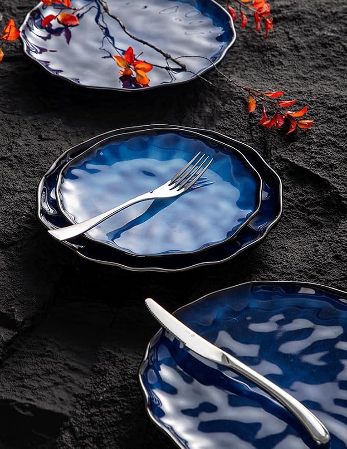 4-piece set, ceramic, natural active glaze plate and bowl set, microwave and dishwasher compatible tableware set, shatterproof and scratch resistant dinner set, irregular edge design, blue