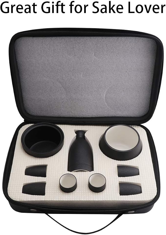 Ceramic Sake Set Cups with Warmer + Sake Saki Drink Storage Box, Porcelain Pottery Hot Cold Saki Drink, 9pcs include 1 Stove 1 Warming Bowl 1 Sake Bottle 6 Cup