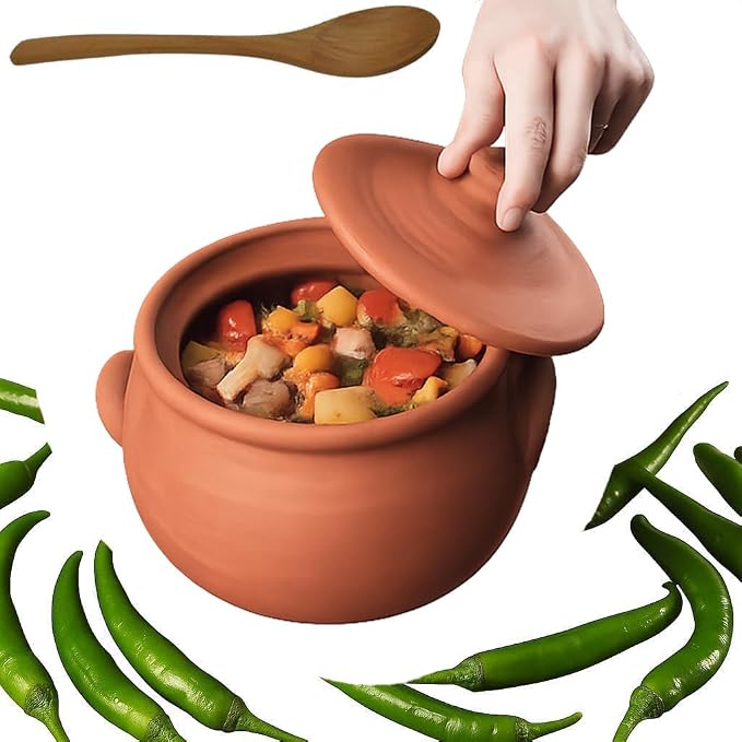 Earthenware Clay Mud Eathern Terracotta Cooking Pot Pottery Cazuela Cookware with Lid Natural Stovetop Stove Top Stone Stew Rice Unglazed Mexican Indian Kitchen Oven Terra Cotta Handcrafted Traditional Healthy (2.1 Quarts - Size3)