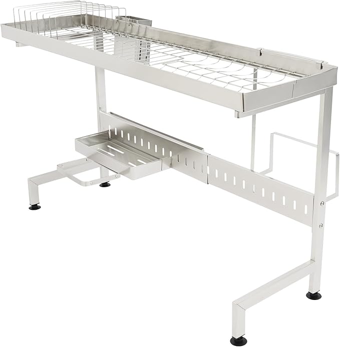 Adjustable Over The Sink Dish Drying Rack with Chopstick Holder and Cutting Board Rack - High Load Capacity 110lbs, Retractable Design 24.8-33.86 inches for Kitchen