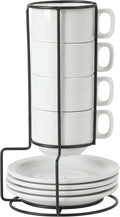 Gibson Home Gracious Dining 7-Ounce Cappuccino Cups Set of 4, Stackable Coffee Cups with 4 Saucers, Metal Stand, Coffee Mugs for Latte, Café, Mocha, Tea
