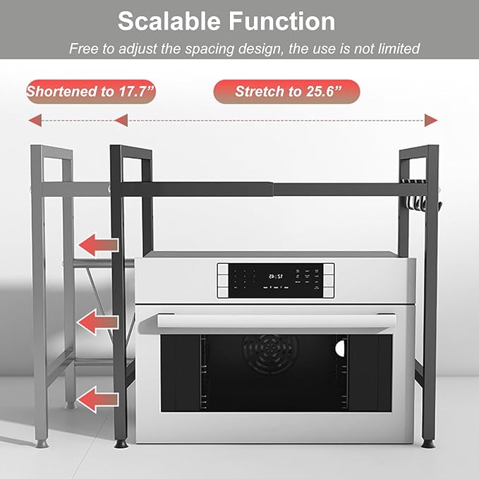 Expandable Microwave Stand Countertop, Heavy Duty Over Microwave Shelf Countertop, 2 Tier Carbon Steel Microwave Oven Rack Shelf for Kitchen with 4 Hooks,Holds 132lb,Height Adjustable,White