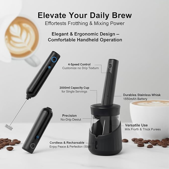 Black Handheld Milk Frother Wand for Coffee, Rechargeable Electric Whisk, Mini Milk Foamer for Latte, Cappuccino, Coffee, Hot Chocolate, Matcha