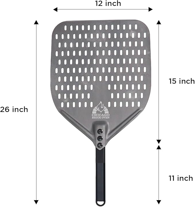 Chicago Brick Oven Perforated Pizza Peel - 12"x15" Anodized Aluminum Pizza Steel, 11" Handle, 26" Overall Length - Ideal Pizza Turning Peel for Pizza Oven, Brick Oven, Baking Bread