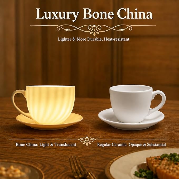 Fine Bone China Cappuccino Cups with Saucers Set of 4, 7 Oz Lightweight Coffee Tea Cups, Spiral Pattern Espresso Cups for Latte, Mocha, Macchiato, Afternoon Tea Gift