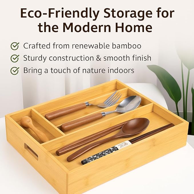 Bamboo Expandable Flatware Drawer Organizer Stackable Bamboo Silverware Drawer Organizer – 2-Tier Kitchen Utensil Tray with Compartments, Flatware Organizer for Spoons