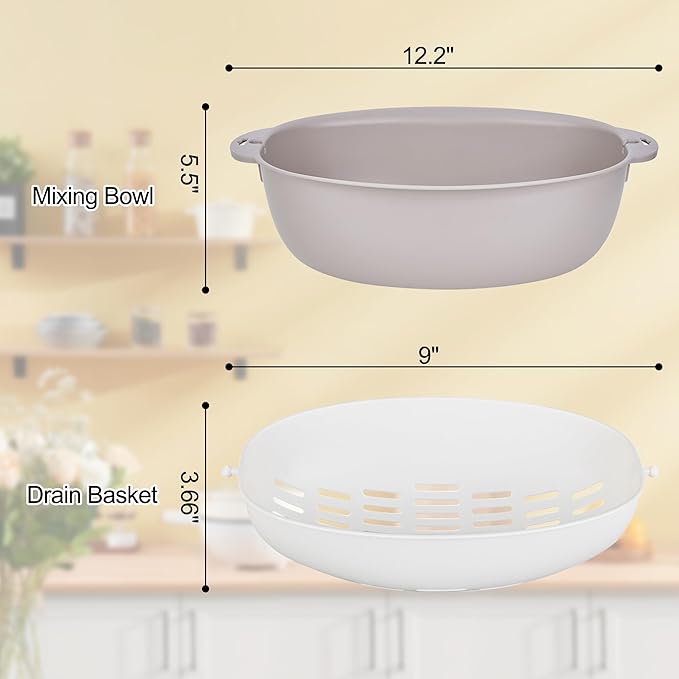 VECELO 2 In 1 Colander Strainer with Bowl Set, Fruit Vegetable Washing Colanders & Food Strainers, Heat-Resisted, Double Layer Colander for Kitchen for Pasta, Berry, Salads, Grey