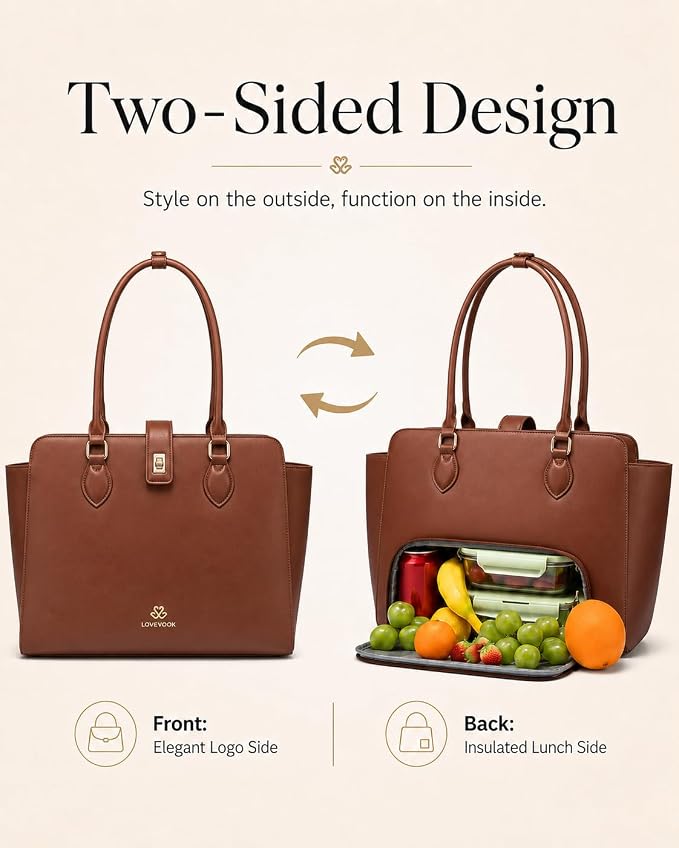 LOVEVOOK Lunch Tote Bag for Women, 2-in-1 Work Tote Bag with Lunch Compartment, Insulated Lunch Bag & 15.6 Inch Laptop Bag for Women, Ideal for Teacher, Nurse and Camping Use, Purple