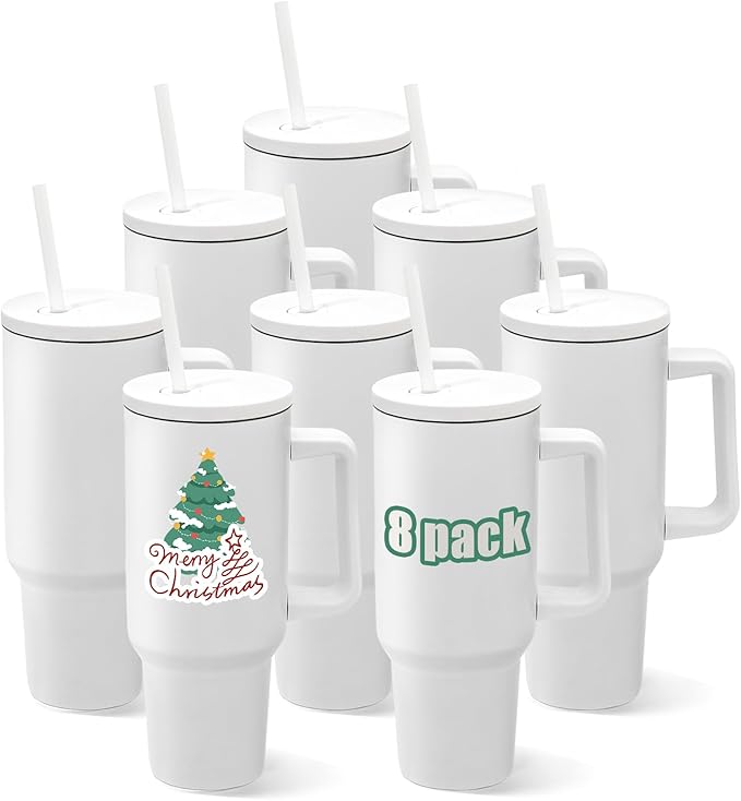 YOUKE OLA 8 Pack Sublimation Tumblers 40oz with Handle and Straw Lid Blanks Stainless Steel Insulated Large Tumbler Bulk Coffee Travel Cups for Tumbler Heat Press Sublimation Oven Printing, White