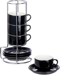 2.5oz Espresso Cups Set of 4, Small Stackable Coffee Cups with Saucers and Metal Stand, Ceramic Demitasse Cups, Cappuccino Cups for Coffee Drinks, Latte, Black