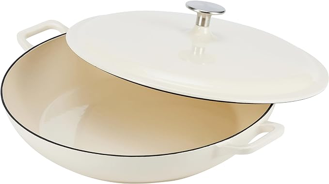 Amazon Basics Enameled Cast Iron - Covered Round Casserole Skillet with Lid, Oven Safe - 500°F, Even Heat Distribution, 3.3-Quart, White