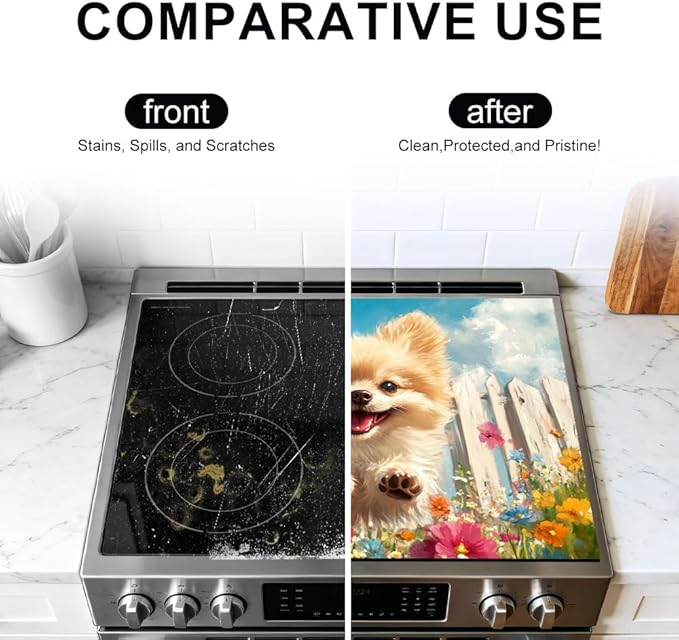 Stove Top Cover for Electric Stove 28.35 x 20.47 Inch Non Slip Stove Mat Pomeranian Puppy Floral Glass Cooktop Protector Kitchen Counter Mat