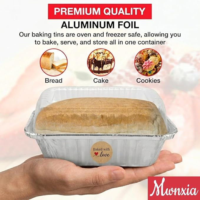Mini Loaf Pans with Lids 50 Pack Small Aluminum Pans with Lids 6x3.5x2 complete with Baked with Love Stickers for Baking Bread, Fruit Cake, Banana Bread, Meatloaf and Baked Goods