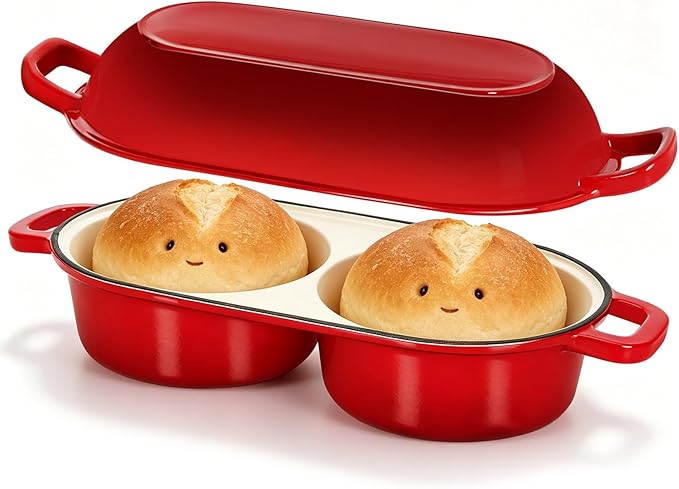 Double Dutch Oven for Sourdough Bread Baking, 2.2QT (Red) | Enamelled Cast Iron Bread Pan with Lid, Double Round Loaf Space, 16.5cm Diameter, Mini Double Dutch Oven for Homemade Baking