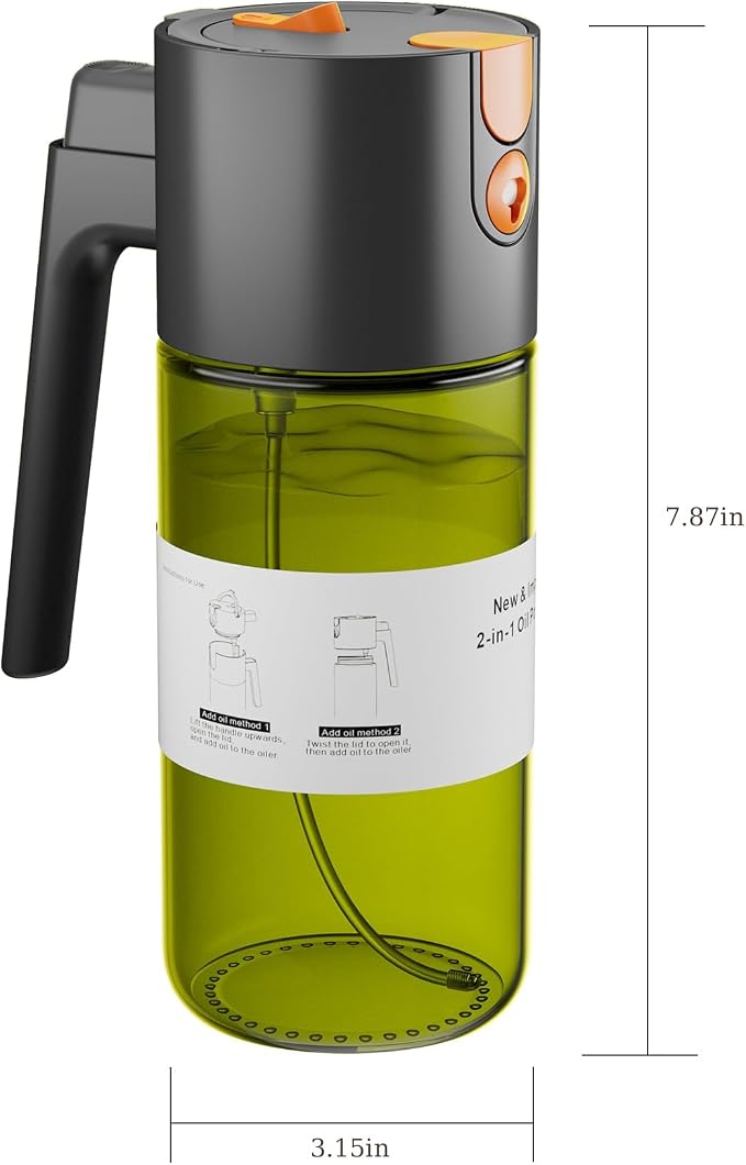 LAKUMIQI 2 in 1 Oil Sprayer for Cooking, 17oz Light-Blocking Glass Spray Bottle with Stickers, Oil Dispenser for Salad, Air Fryer & BBQ
