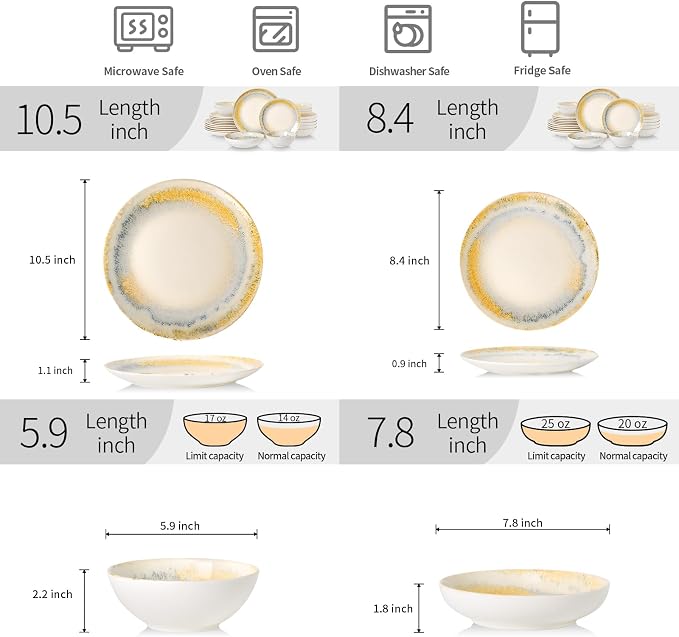 DOMICREVERY Ceramic Dinnerware Sets for 6, 24 Pieces Plates and Bowls Sets, Lemon Sea