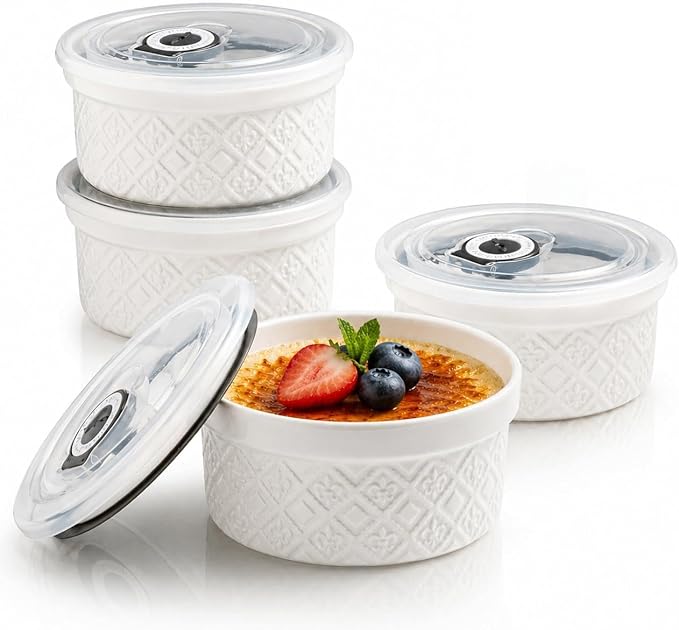12 oz Ramekins Oven Safe, 4.5 Inch Creme Brulee Ramekins with Lids, Small White Ceramic Souffle Dishes, Mini Baking Bowls with Cover Set of 4, Ramekin Microwave & Dishwasher Safe