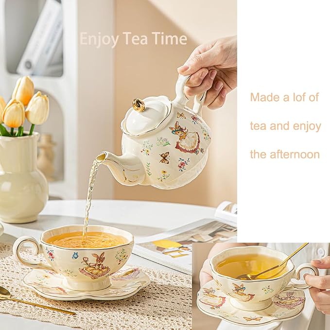 Domini Teapot cup combo,Teapot and Teacup for One,Tea Cup and Saucer Set-Tea Pot Set Gift for Women(Flower)