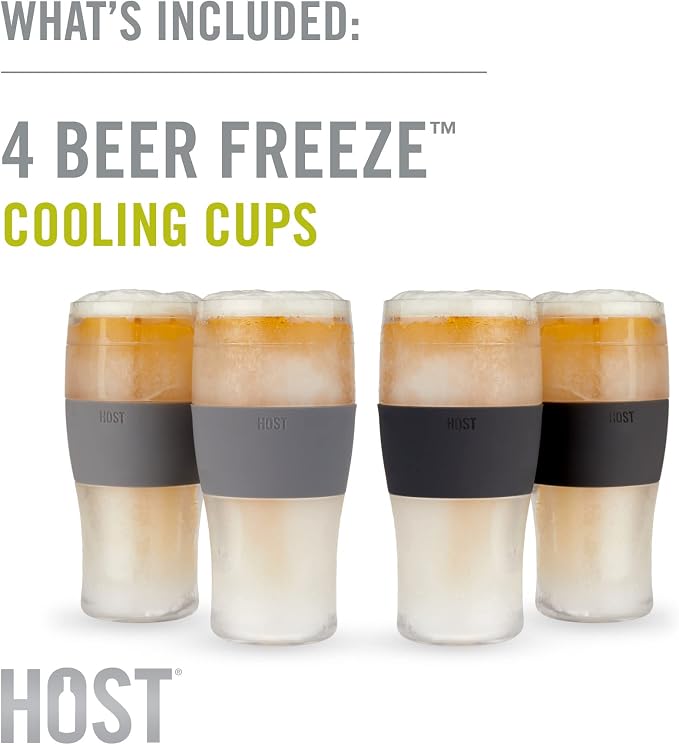 HOST Freeze Beer Glasses, 16 ounce Freezer Gel Chiller Double Wall Plastic Frozen Pint Glass, Set of 4, Black and Grey