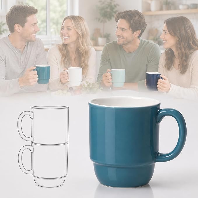 Stackable Porcelain Coffee Mug Set of 4 – 16oz Large Handle, Space-Saving Ceramic Mugs for Kitchen & Coffee Bar, Microwave & Dishwasher Safe • Modern Home Gift