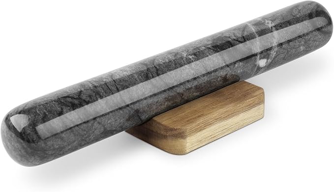 Flexzion French Rolling Pin, 12 Inch Black Marble Rolling Pins for Baking with Wooden Base Holder Stand - Non-Stick Baking Roller for Baking Fondant, Crust, Pastry, Cookies, Pizza, Pasta