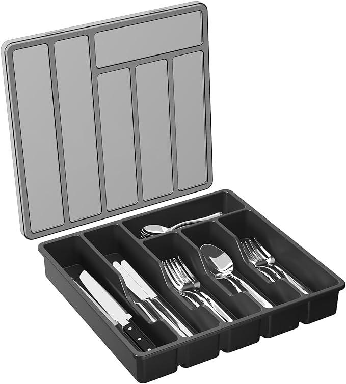 Lifewit Silverware Organizer with Lid, Covered Utensil Tray for Kitchen Drawer and Countertop, Lifewit Silverware Drawer Organizer, Expandable Utensil Tray for Kitchen, BPA Free Flatware and Cutlery H