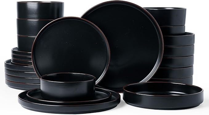 Famiware Nebula Ridge Stoneware Dinnerware Sets with Pasta Bowls, Plates and Bowls Sets, Service for 6 (24 Pieces), Microwave and Dishwasher Safe Kitchen Plates, Matte Black