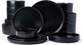 Famiware Nebula Ridge Stoneware Dinnerware Sets with Pasta Bowls, Plates and Bowls Sets, Service for 6 (24 Pieces), Microwave and Dishwasher Safe Kitchen Plates, Matte Black