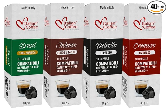 ITALIAN COFFEE FOR ESPRESSO LOVERS Italian Coffee capsules compatible with Verismo, CBTL, Caffitaly, K-fee systems (Sampler, 4 flavors, 40 pods tot., No decaf)