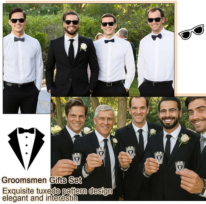 Set 4 Groomsmen Proposal Gifts - Groomsmen Gift Boxes with Leather Bag，Tuxedo Flask, Funnel，Shot Glasse，Poker Card Bottle Openers, Sunglasses, Pen，Bracelet, Card & Gift Bags for Wedding Party