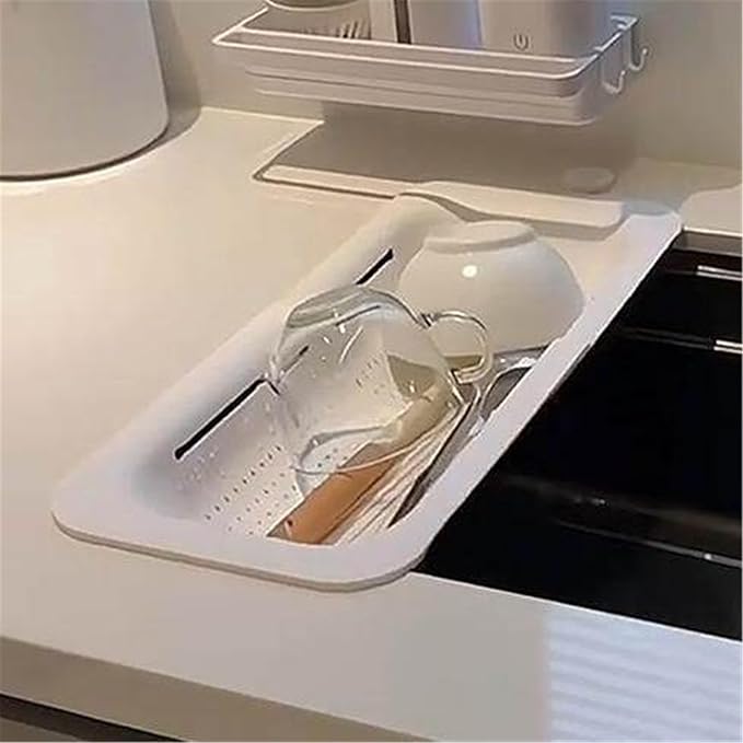 2 Tier Plastic Dish Drying Rack Extendable, Dish Drainer Over the Sink, Bowls, Plates Storage Dish Rack Adjustable Cutlery Holder(White)