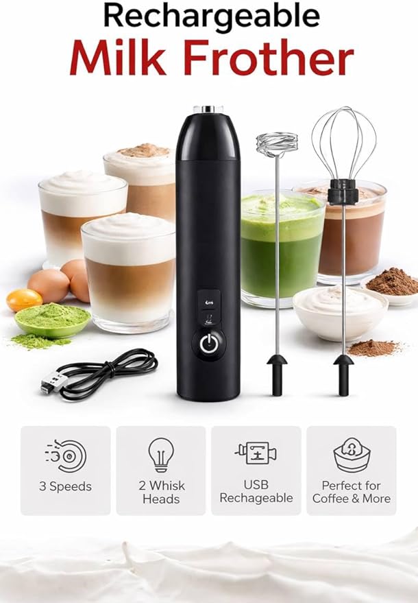 Milk Frother Handheld for Coffee – Electric Matcha Whisk & Drink Mixer, Foam Maker for Latte, Cappuccino, Bulletproof Coffee, Portable Stainless Steel Frother for Home, Office & Travel (White)