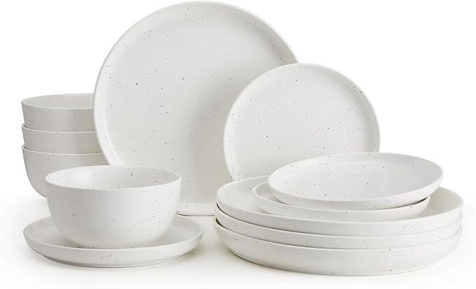 Sweese Dinnerware Sets Service for 4, 12 pcs Matte Speckled Glaze Plates and Bowls Sets, Handmade Ceramic Dish Set, Highly Chip and Crack Resistant Modern Plate Set, White