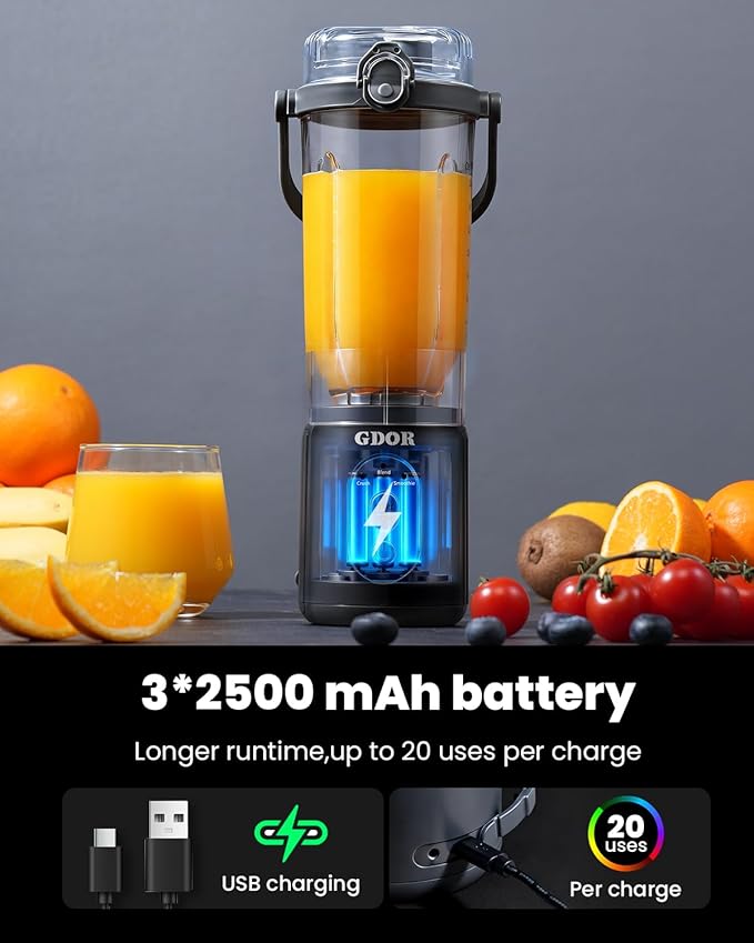 GDOR Portable Blender Cordless, Personal Mini Blender for Shakes and Smoothies, USB-C Rechargeable, with 3 Programs, Ice Crush, Blend and Smoothie, 2x23oz Removable Cups, BPA-Free