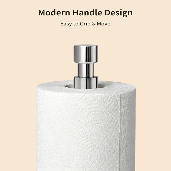 YUMORE Heavy Duty Stainless Steel Paper Towel Holder – Easy One-Handed Tear, Weighted Base Non-Slip, Tension Arm Prevents Unraveling, Countertop Paper Stand for Kitchen, Fits Most Size Rolls (Chrome)