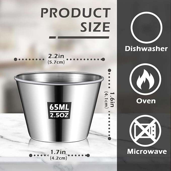 Mimorou 2.5oz Metal Ramekin Stainless Steel Sauce Dipping Cup Ramekin Sauce Container Round Dipping Bowl Condiment Cup for Dish Butter Kitchen Restaurant Serving Party Dinner Cooking