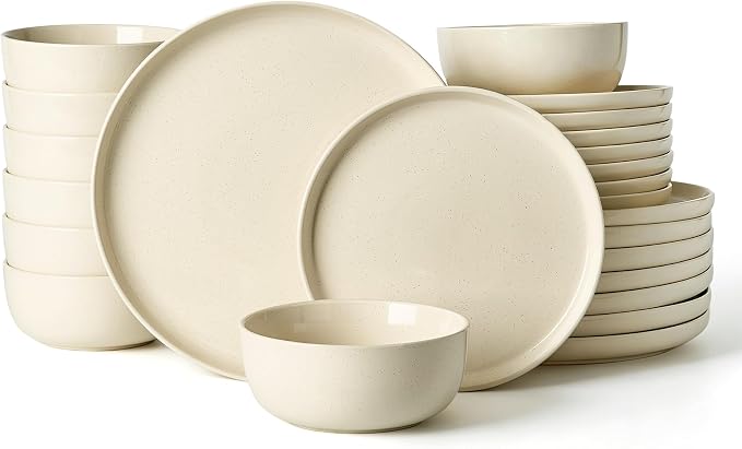 Famiware Milkyway Stoneware Dinnerware Set, 24-Piece, Plates and Bowls for Everyday & Formal Dining, Service for 8, Microwave and Dishwasher Safe, Scratch-Resistant, Almond Milk