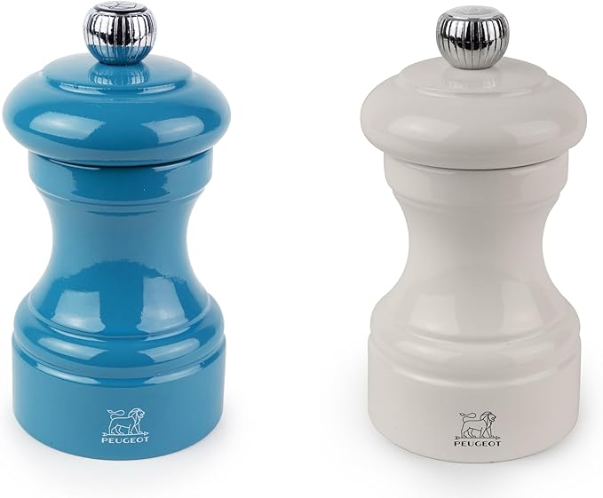 Peugeot Bistro Pepper and Salt Mill Set, 4in - Beechwood Mills with Adjustable Grinding - For Peppercorns and Rock Salt, Corrosion-Resistant - Essential Kitchen Tools (Blue/Ivory)