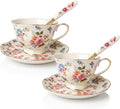 Noviko Floral Tea Cups and Saucers Flower Ceramic Cup for Women and Tea Parties (6 oz, Set of 2)