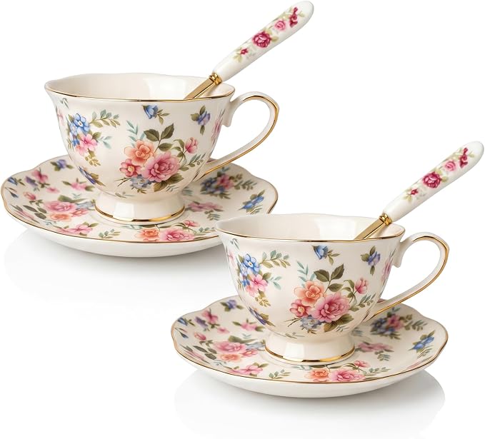 Noviko Floral Tea Cups and Saucers Flower Ceramic Cup for Women and Tea Parties (6 oz, Set of 2)