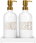 Soap Dispenser Set, Contains Hand Soap Dispenser and Dish Soap Dispenser for Kitchen， Glass Soap Dispenser with Stainless Steel Pump，for Luxury Gold Kitchen Counter Decor，（White）