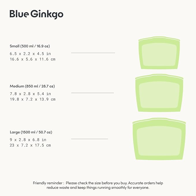 Blue Ginkgo Reusable Silicone Storage Bags – 3-Pack | Korean-Made Stand Up Food, Freezer Bags - Olive Green