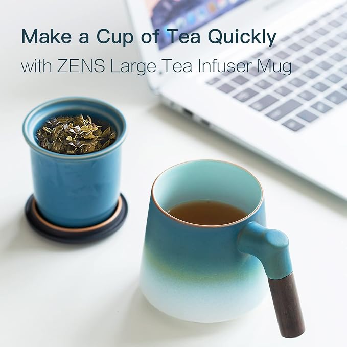 ZENS Tea Cup With Infuser and Lid, 12oz Gradient Blue Mug for Loose Leaf Steeper, Wood Handle With Fine Mesh Strainer, Hot Tea Diffuser Accessories for Tea Lovers Gifts