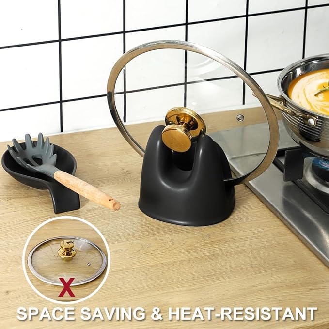 Nihow Pot Lid Holder and Spoon Rest for Kitchen Counter/Stove Top While Cooking - Heat Resistant & Dishwasher Safe - Elegant Matte Black Sets